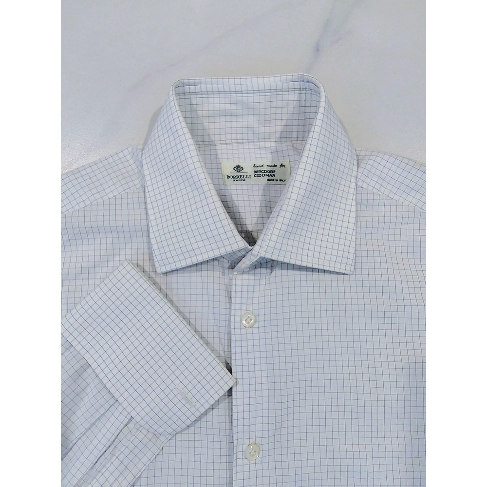 Borrelli Napoli French Cuffs Dress Shirt Mens Plaid 16 Made In Italy - Picture 13 of 13